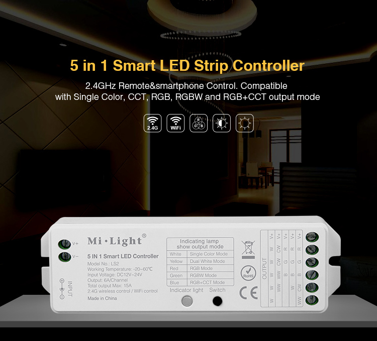 Kontroler taśm led uniwersalny RGB+CCT/RGBW/RGB/CCT/MONO - LS2, 5 in 1 Smart LED Controller RGB+CCT/RGBW/RGB/CCT/MONO - LS2, 5 in 1 intelligentem LED Steuerung RGB + CCT / RGBW / RGB / CCT / MONO - LS2, 5 в 1 контроллера Smart LED RGB + ССТ / RGBW / RGB / ССТ / MONO - LS1, 4 v 1 Inteligentní LED kontrolér RGB + SCS / RGBW / RGB / CCT / MONO - LS2