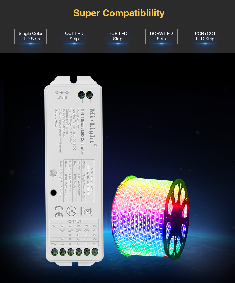 Kontroler taśm led uniwersalny RGB+CCT/RGBW/RGB/CCT/MONO - LS2, 5 in 1 Smart LED Controller RGB+CCT/RGBW/RGB/CCT/MONO - LS2, 5 in 1 intelligentem LED Steuerung RGB + CCT / RGBW / RGB / CCT / MONO - LS2, 5 в 1 контроллера Smart LED RGB + ССТ / RGBW / RGB / ССТ / MONO - LS1, 4 v 1 Inteligentní LED kontrolér RGB + SCS / RGBW / RGB / CCT / MONO - LS2